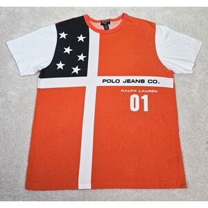 Rare VTG Ralph Lauren Polo Jeans Co 1998-2002 Y2K Retro Graphic Flag TShirt Sz L